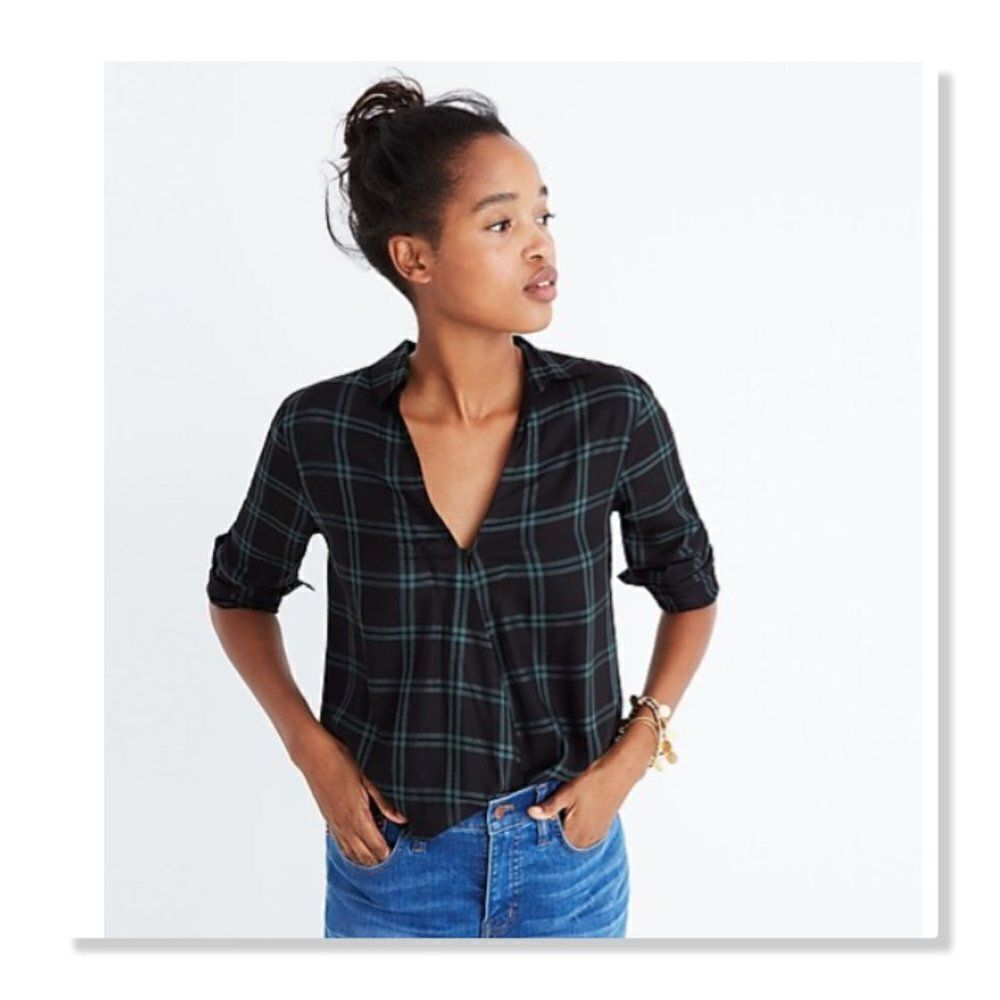 MADEWELL | Wrap-Front Palma Plaid Shirt - size XS in Green/Black